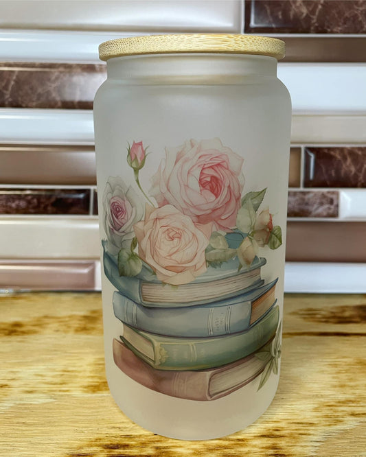 Floral Books 16oz Glass Cup