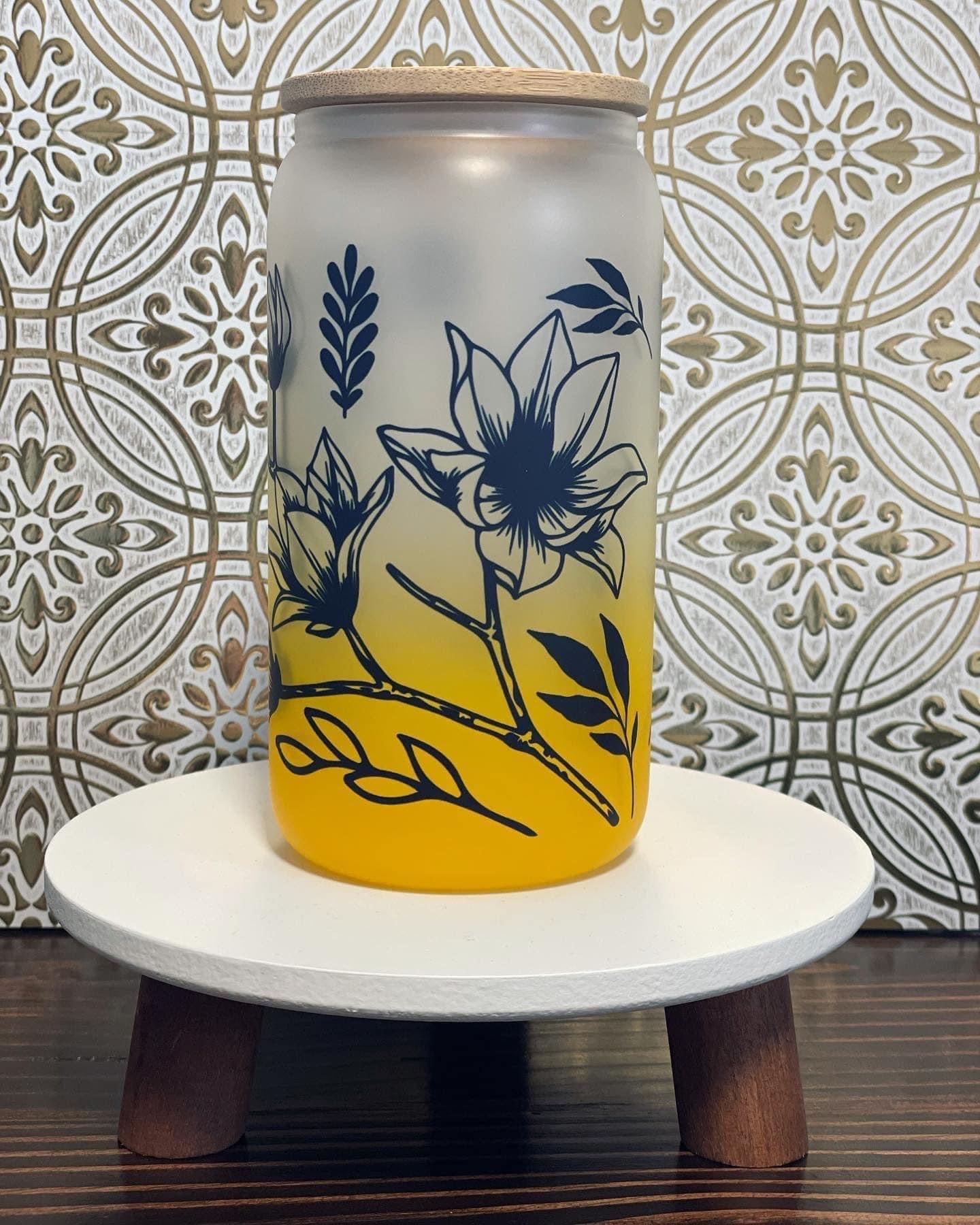 Floral Yellow 16oz Glass Cup